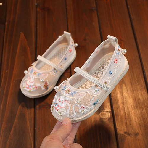 Hanfu embroidered shoes for girls, old Beijing cloth shoes, ethnic style ancient costume embroidery shoes with cowhide soles, children's dance shoes for kids