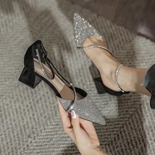 Thick-heeled high-heeled shoes for women  new spring and autumn pointed toe buckle with rhinestones and skirt mid-heeled shoes wholesale
