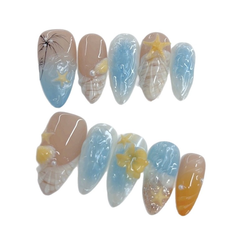 欧美热销海洋系列杏仁甲海浪椰树立体雕花纯手工穿戴甲成品nails|undefined