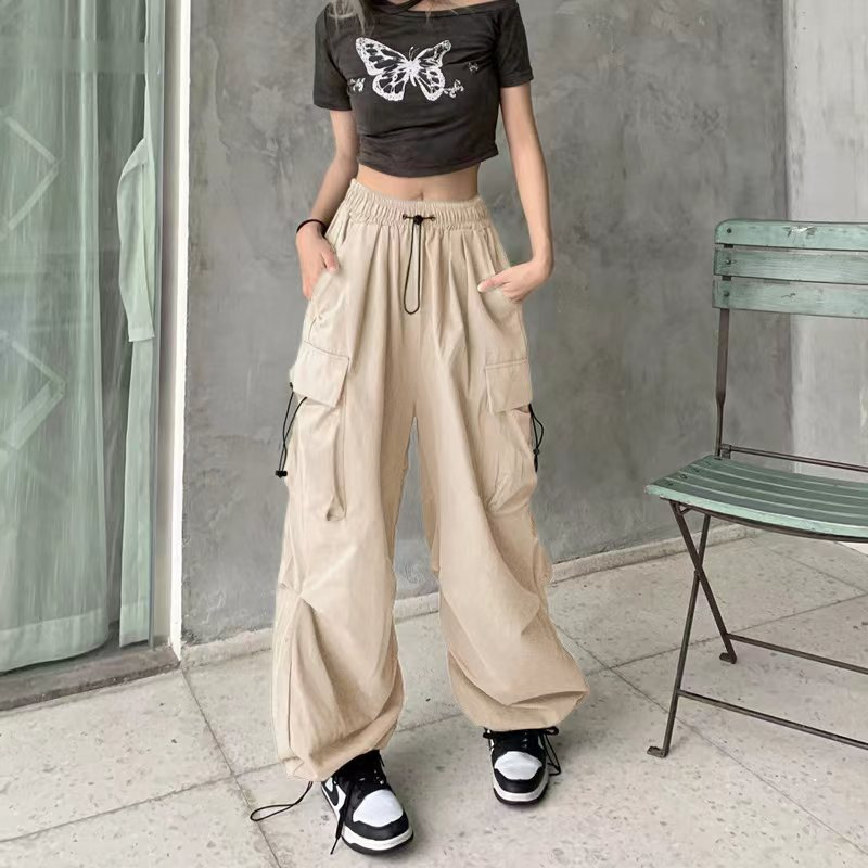 工装裤女2025夏季新款美式降落伞裤子高腰阔腿休闲束口运动裤潮|undefined