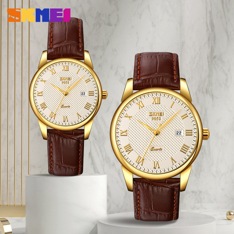 Cross-Border Popular Moment Beauty Classic Watch Couple Business Quartz Watch Men's and Women's Genuine Leather Strap Watch Waterproof 9058
