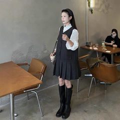实拍 2025秋季法式赫本风荷叶边衬衣+无袖背心百褶连衣裙两件套装