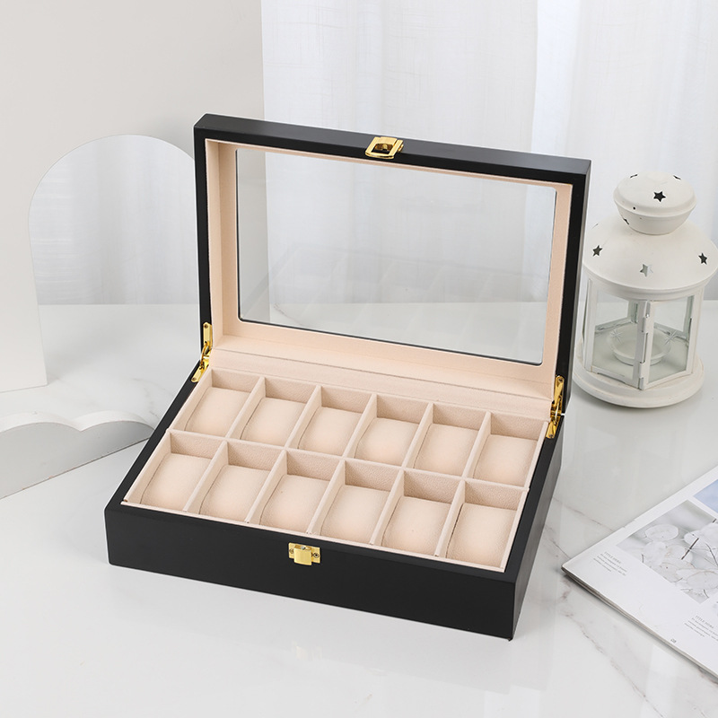En stock caja de reloj de madera de pintura roja de 12 bits contador de reloj de gama alta de estilo europeo caja de presentación de hebilla abatible transparente