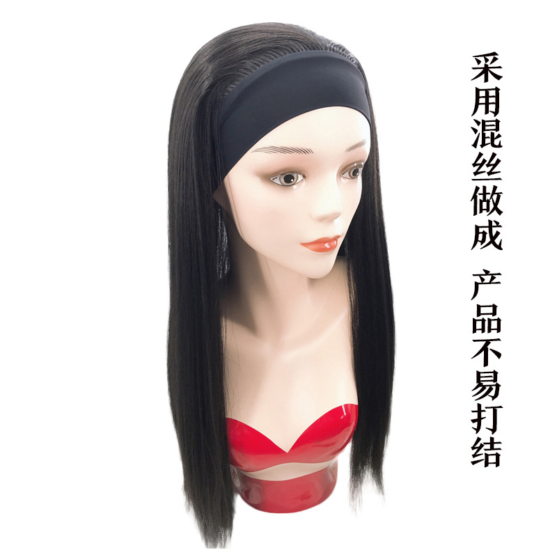 工厂批发全机制假发欧美冰丝发带头套黑色长直发Headband wig化纤|ru