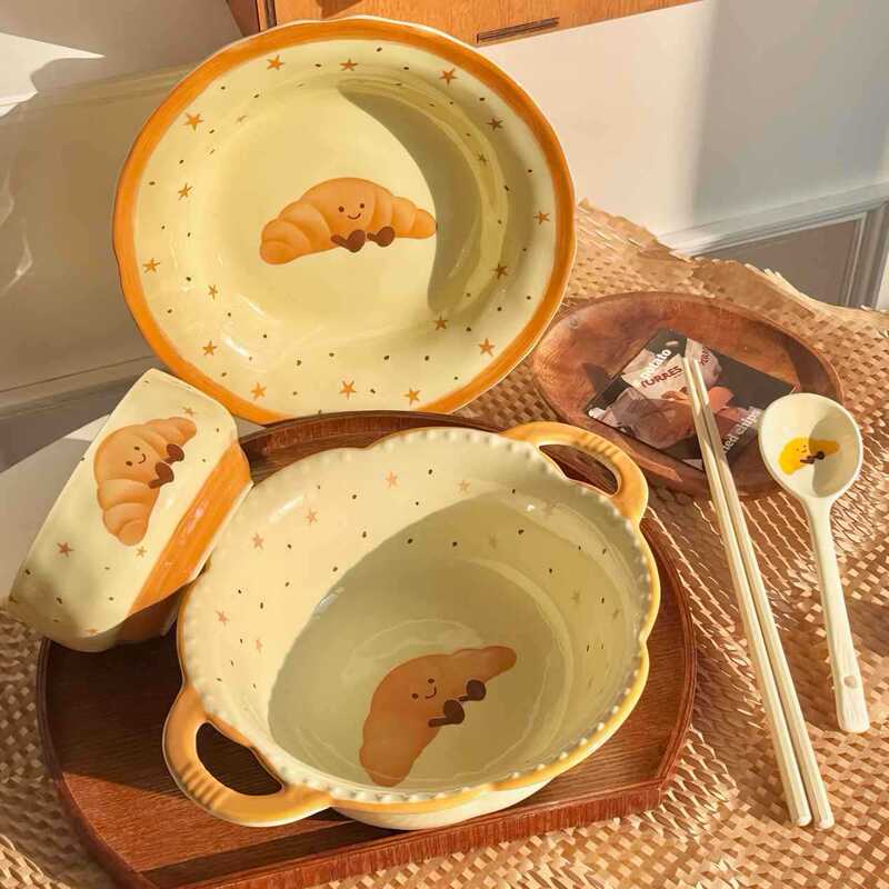 【Croissant】Fruit Croissant Underglaze Color Girly Ceramic Tableware Set Ins Ceramic Bowl Plate Large Soup Bowl