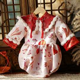 周岁礼服女宝宝中式女童唐装过年衣服旗袍一岁抓周红色拜年服冬季