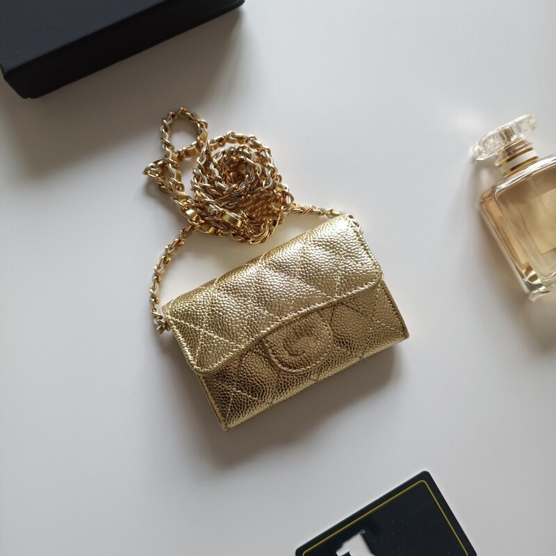 European and American Style Quilted Luxury Leather Caviar Card Holder Coin Purse with Chain Crossbody Small Bag for Women