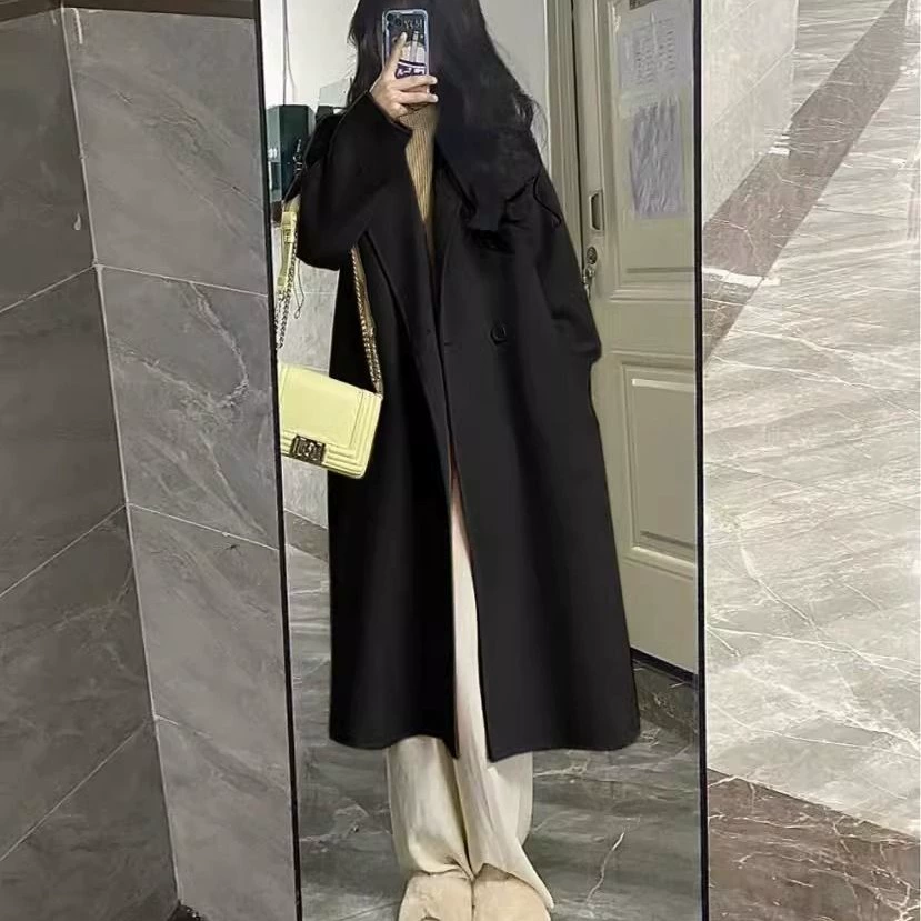 Demi‑season long woolen coat, mid‑length, Korean style, Hepburn‑inspired