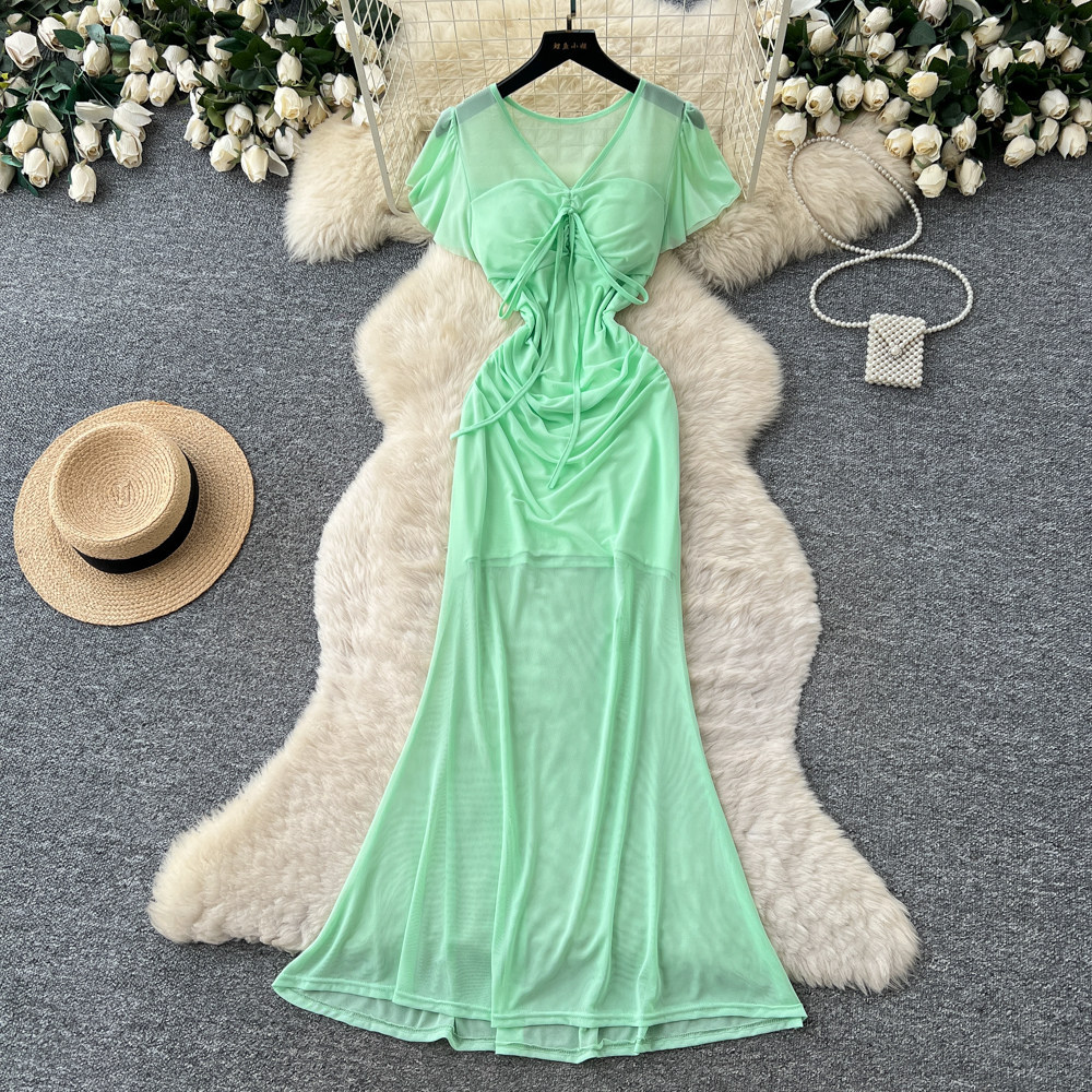Elegant Red Short Sleeved Dress for Women Korean Style Pleated A-Line Long Skirt Sophisticated Flattering Slimming Work Dress_ecoleips.com
