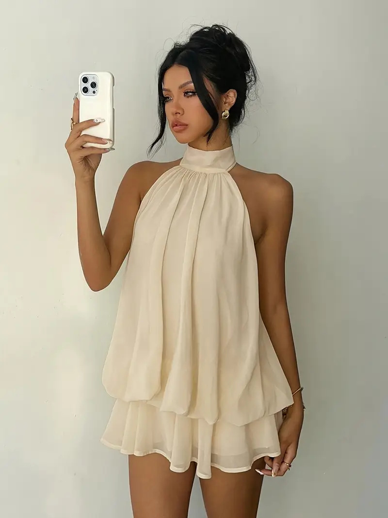 Sexy Mesh Halter Neck Tea Break Dress For Women Summer Beach Vacation Stylish Hot Girl Party Dress_ecoleips.com