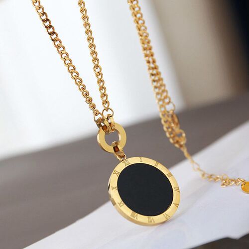 European and American fashionable titanium steel sweater chain long black and white round necklace for women, versatile and personalized autumn and winter clothing accessories