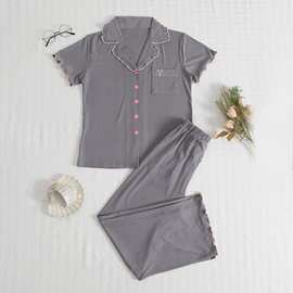 跨境欧美风女士家居服春夏开衫翻领短袖长裤睡衣居服套装