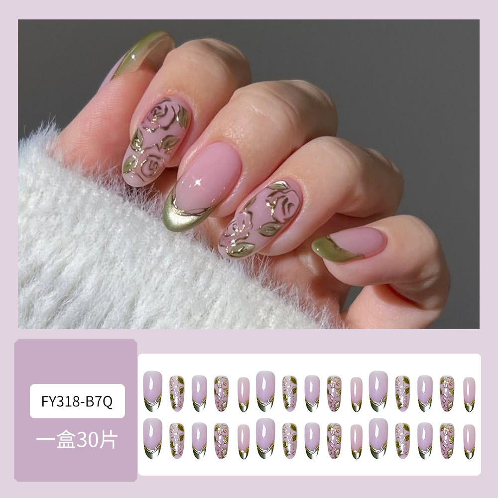 3D estereoscópico Leaf Gold Green Cat Eye Uña francesa 30 piezas de niebla violeta blanca manicura falsa transfronteriza suministro directo image 3