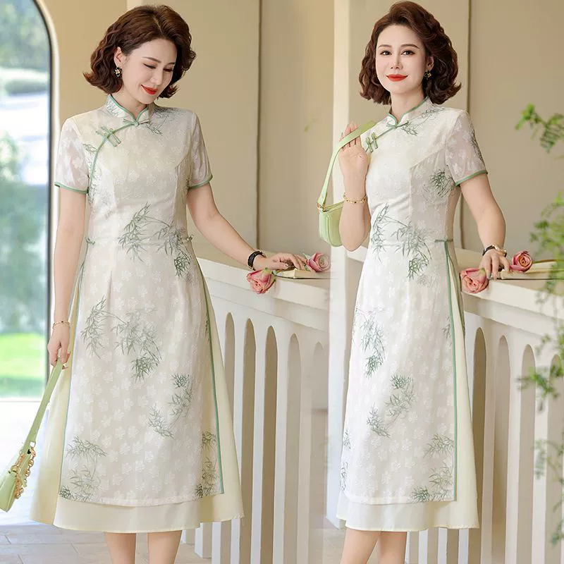 Летнее облегающее и элегантное платье для матери среднего возраста с принтом в китайском стиле, улучшенное платье средней длины в китайском стиле Cheongsam