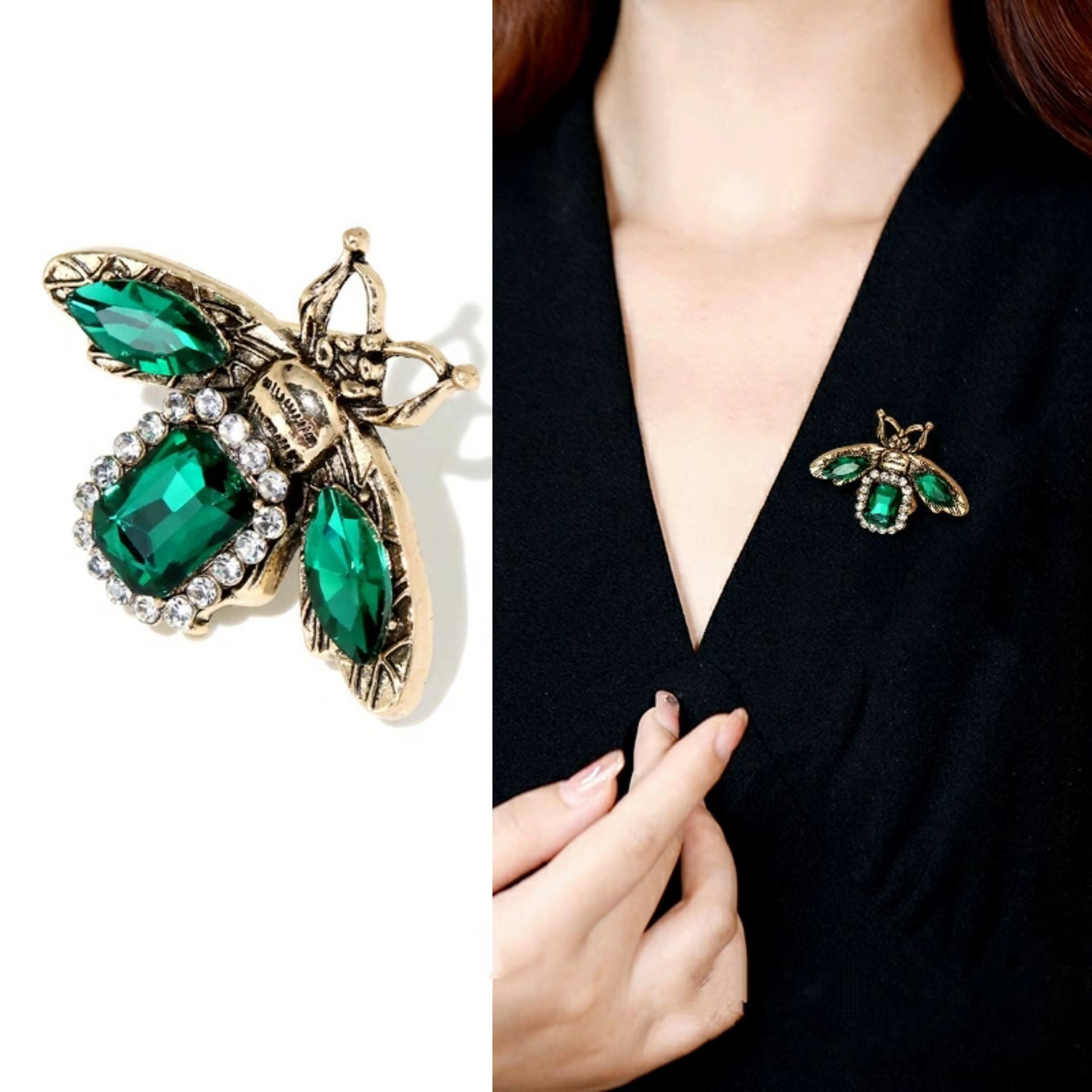 Spilla a forma di insetto con cristalli smeraldo accessorio moda_voghion.com