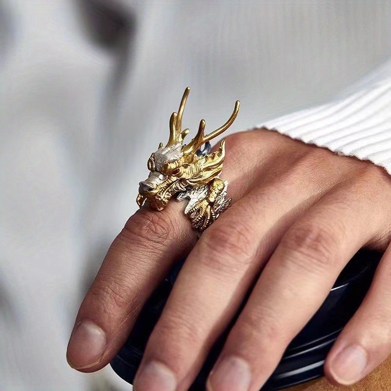 Vintage Gold Dragon Ring For Men Adjustable Hip Hop Design_voghion.com