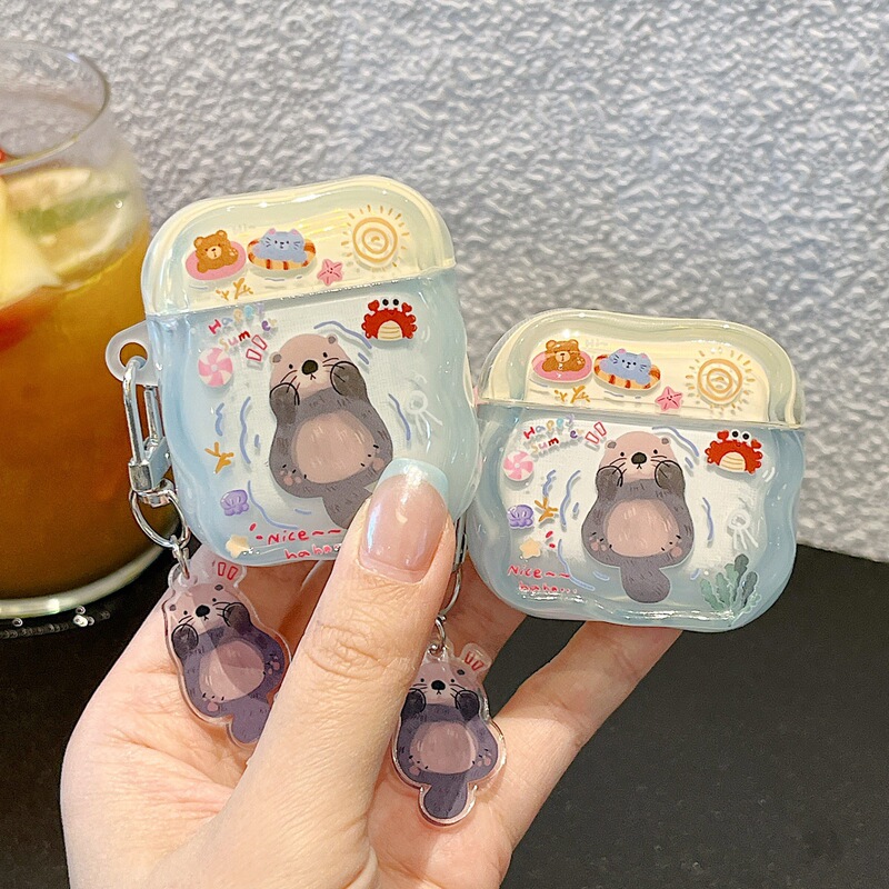 Cute Cartoon Otter Protective Case for Airpods4, Suitable for Apple 2/3 Generation AirPods Pro3 Earphone Case for Women