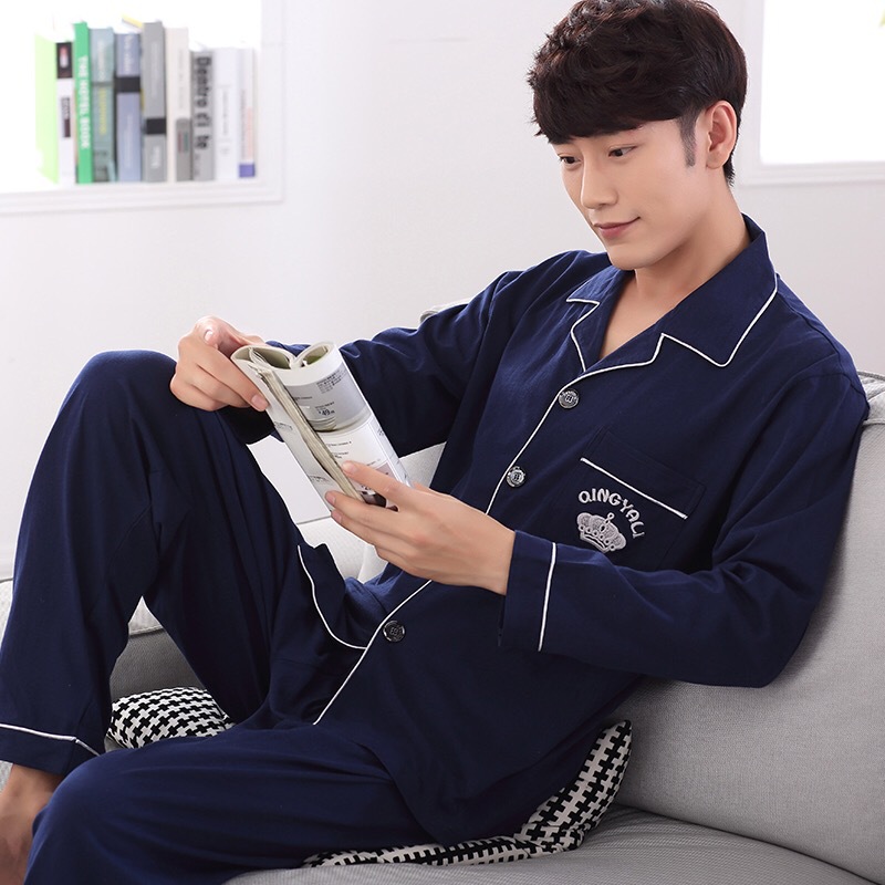 Pijamas de hombre primavera y otoño de los hombres 100% algodón de manga larga de color sólido ropa para el hogar de algodón verde de mediana edad traje de dos piezas