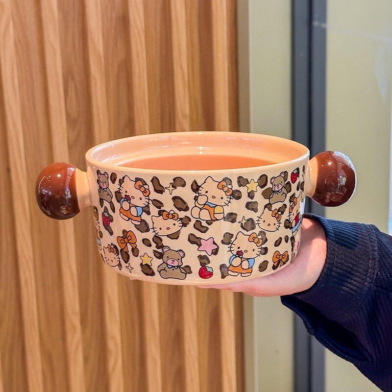 Instagram-Worthy Cute Black Kt Cat Instant Noodle Bowl with Lid and Spoon, Personal Use for Girls, Home Use, Snail Noodle Bowl