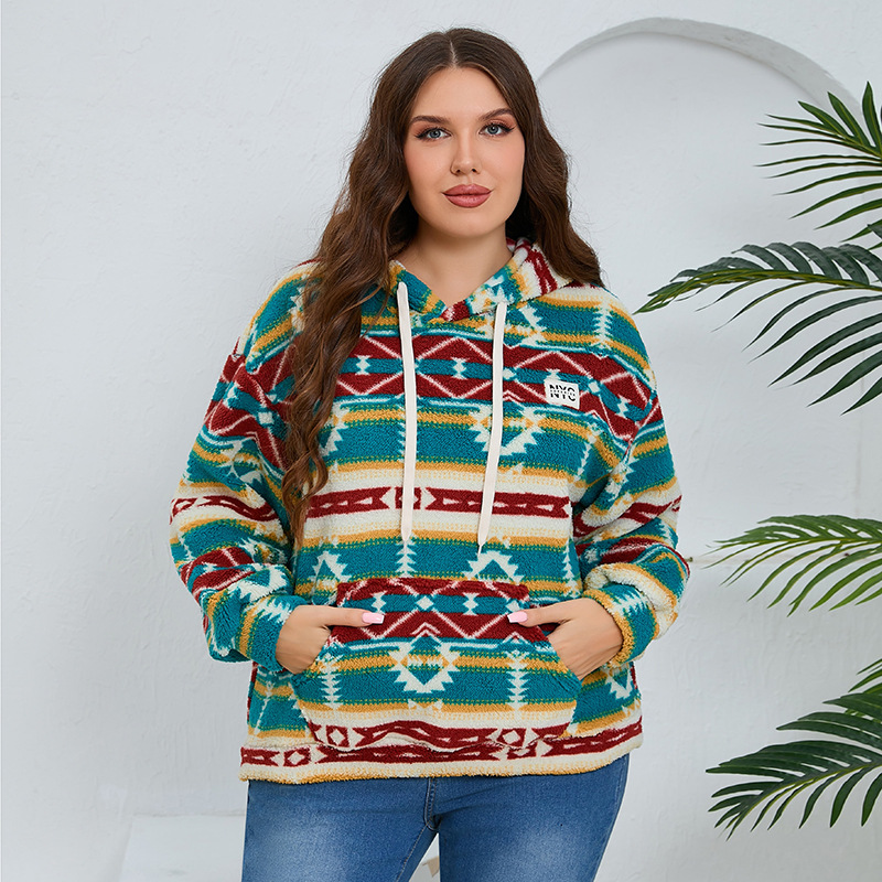 Women's Clothing striped hooded large size sweatshirt thickened loose casual long sleeved plush large pocket top_voghion.com