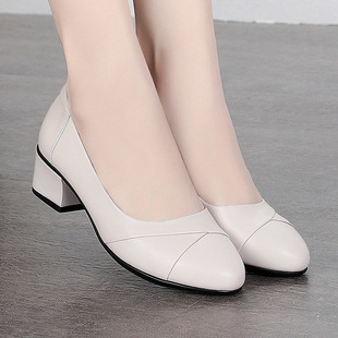 Spring and Autumn Shallow Mouth Round Head Soft Leather Soft Bottom Mother Shoes Single-layer Shoes Thick Heel Mid-heel Fashion Middle-aged Women's Leather Shoes Single-layer Shoes