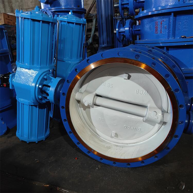 D643H-40P 气动三偏心硬密封蝶阀 DN400 气动带手动防爆法兰蝶阀