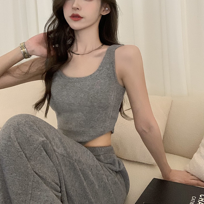 Autumn Lazy Pure Desire Short Style with Naked Navel for Slimming Tank Top, High Waist, Hanging Wide Leg Pants,_voghion.com