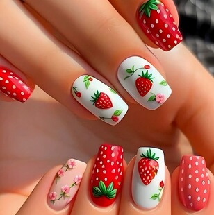 Cross-border Wearable Nail Patch Nail Wear Cute Strawberry Flower False Nail Extension Removable Nail Wholesale