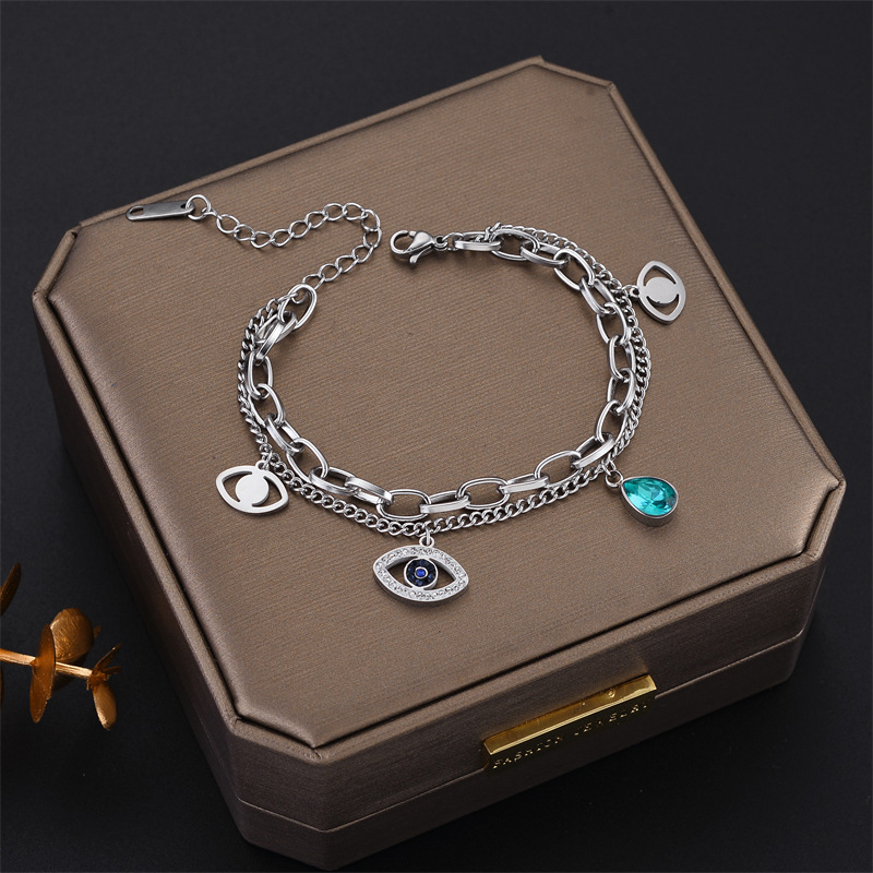 Fashion Water Droplets Eye Titanium Steel Gold Plated Hollow Out Inlay Zircon Bracelets Necklace 1 P