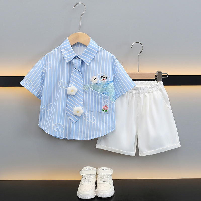 男の子サマースーツ 2025 新しい子供の夏半袖シャツハンサムベビー韓国スタイルルーズツーピーストレンディセット|undefined