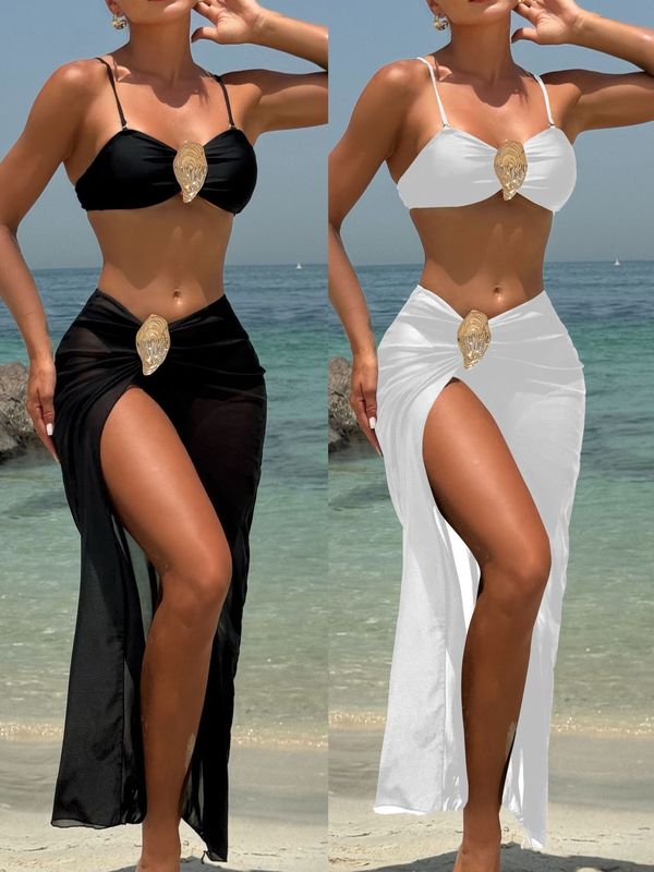 2025欧米の新型純色の金属のカキのボタンの3つのセットの胸の服の水着のビキニのbikiniクロスボーダー|undefined