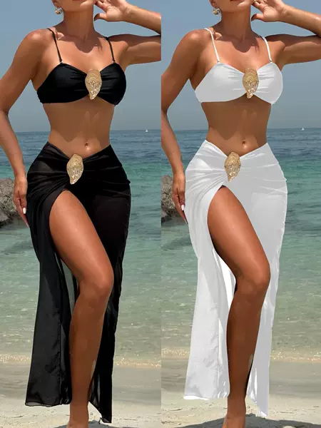 2025 Europe and the United States new solid color metal oyster buckle three piece set bodice swimsuit bikini bikini cross border