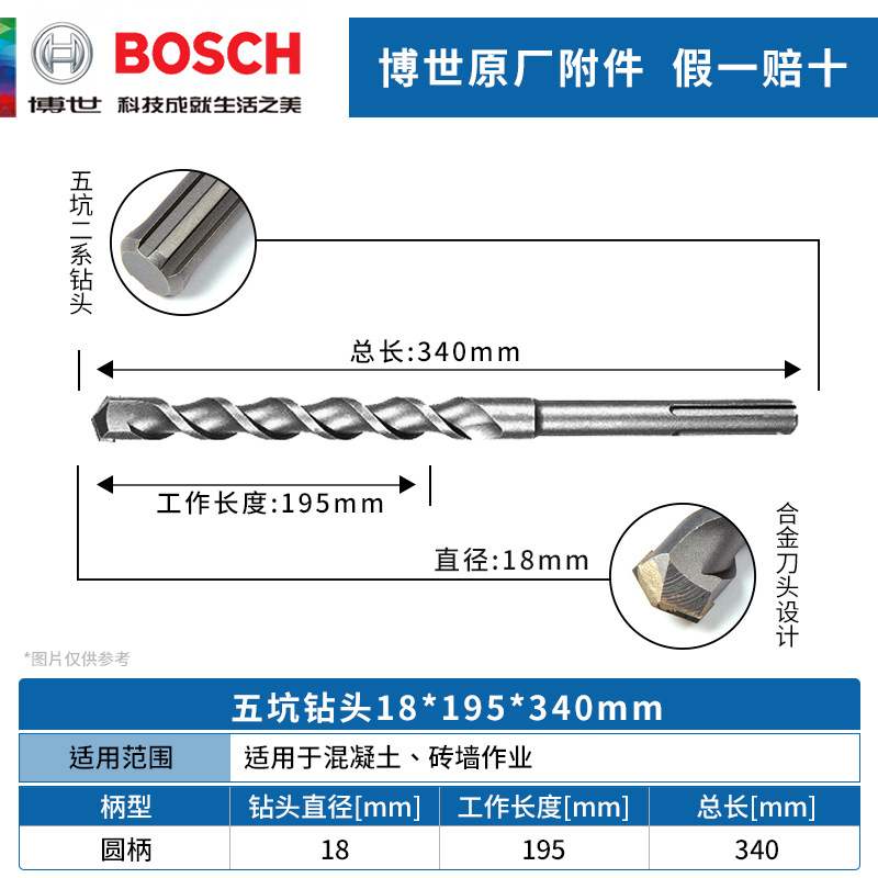 博世五坑2系电锤钻头18*195*340mm两刃圆柄混凝土穿墙冲击钻头