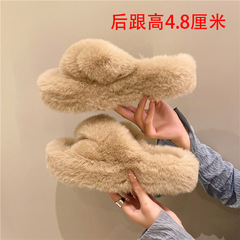 2023 new autumn and winter Korean style versatile cross-strap fur slippers for women to wear at home and outside, large size thick-soled fur slippers