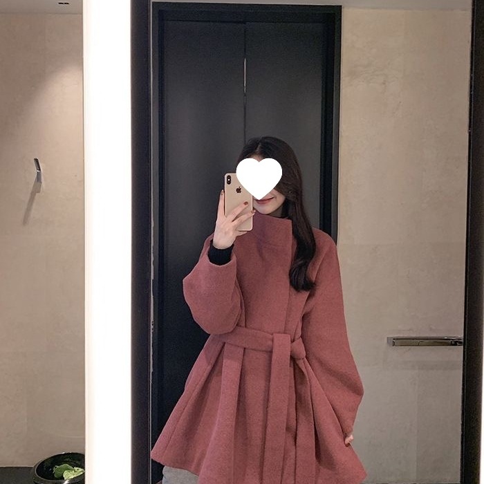 小个子斗篷毛呢外套女秋冬短款显瘦日系气质玫红色呢子大衣