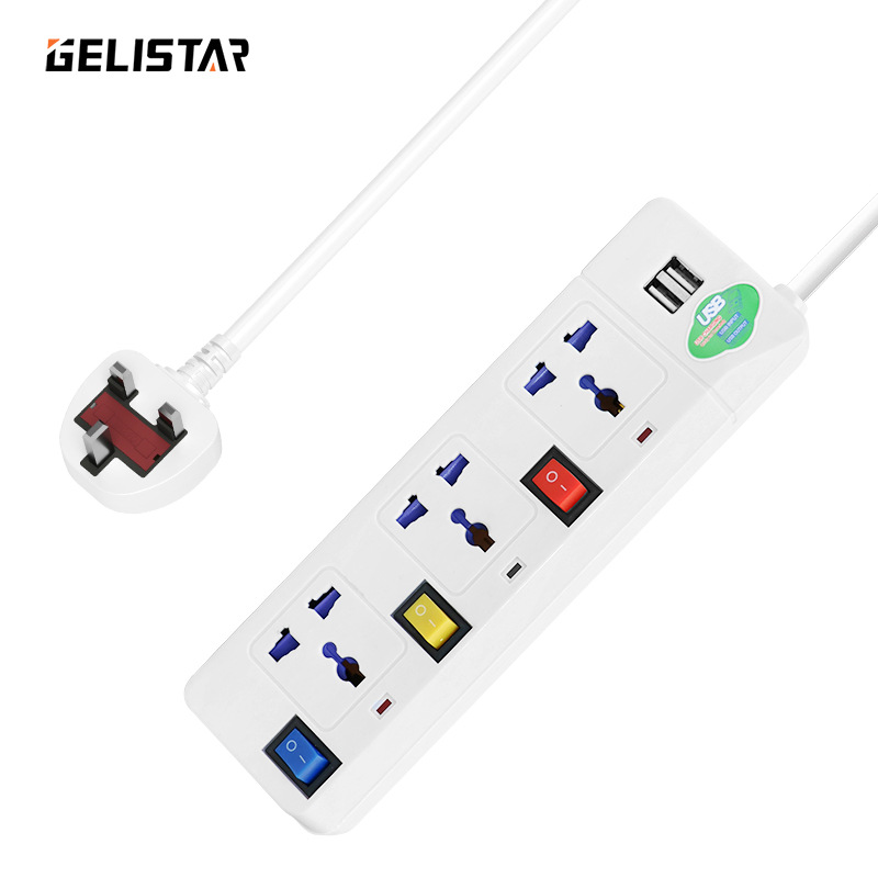 厂家直销万能孔插线板3孔独立开关带2USB家用多功能插座