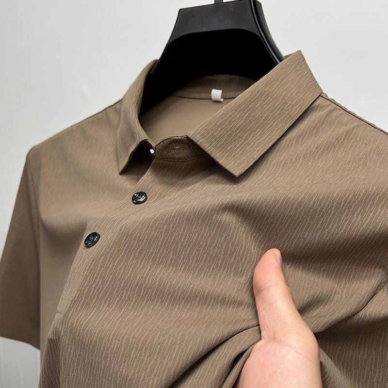 Light Luxury High-end Middle-aged Men's Polo Dark Pattern Embossed Ice Silk Short-sleeved Shirt High-end Summer Dress Half-sleeved Solid Color