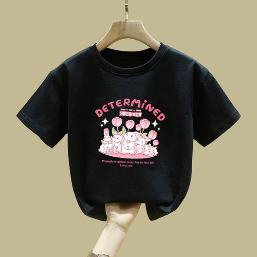 2317 100% Cotton Children's Short-Sleeve T-Shirt for Girls Summer Outfit Loose for Middle and Large Children Stylish and Versatile Top for Little Girls