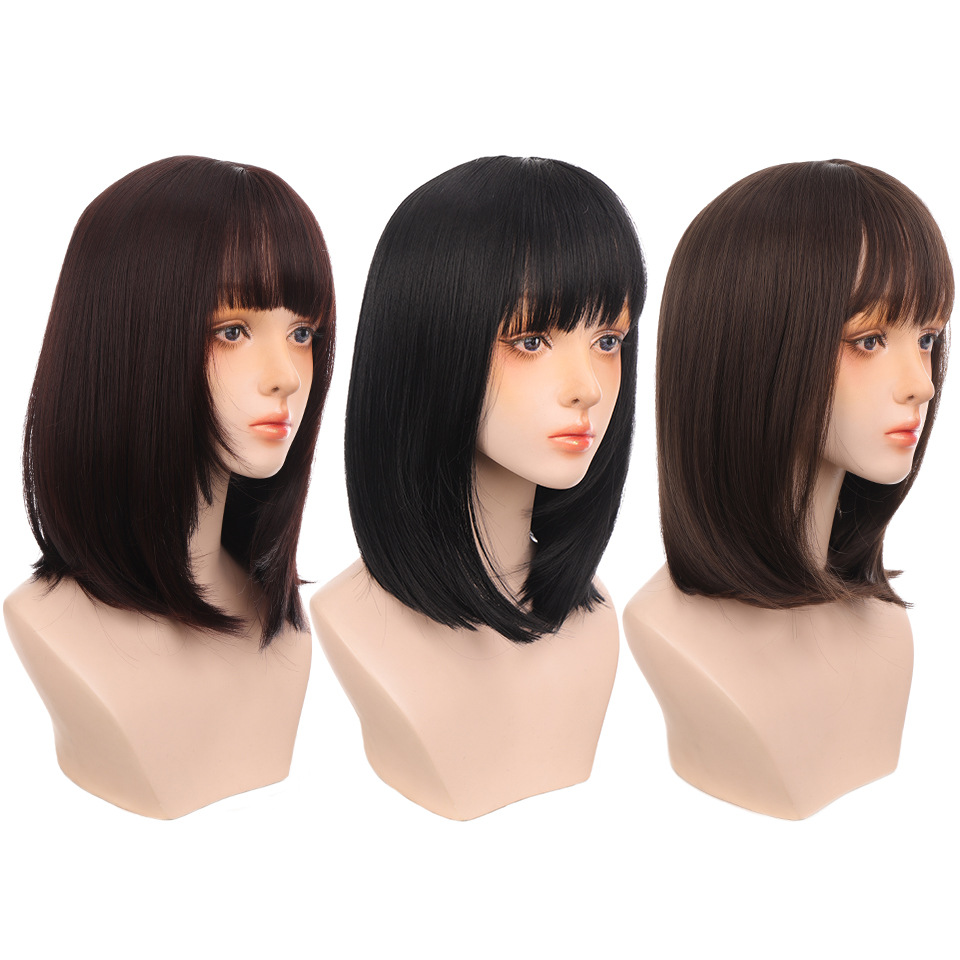 Perruque femme cheveux courts frange comique ensemble de cheveux de clavicule ensemble de perruque tête complète ensemble de perruque mi-longue ensemble_voghion.com