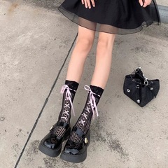 Summer Japanese-style white lace edge medium-length calf sock with hollow breathable bow knot JK fashion mounding socks