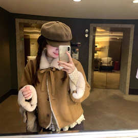 北欧雪枫 棕色麂皮绒外套女短款秋冬新款羊羔毛皮毛一体毛绒上衣