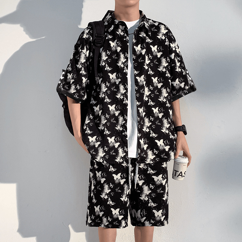 해변 꽃 셔츠 남자 하와이 반팔 유행 느슨한 여름 유행 캐주얼 남성 세트 투피스 셔츠