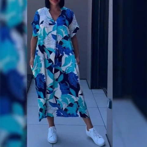 Women's Short-Sleeved V-Neck Printed Casual Dress Loose Fit Simple European And American Style Dress_ecoleips.com