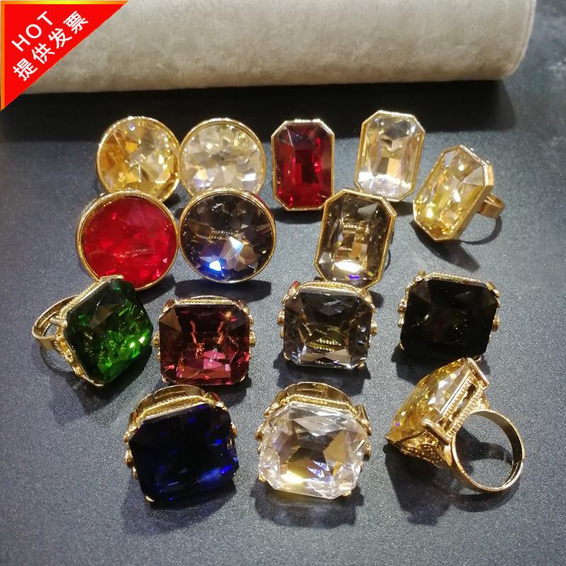欧美夸张莫桑石几何大钻石戒指活口金表演道具电影嘻哈介子宝石亮