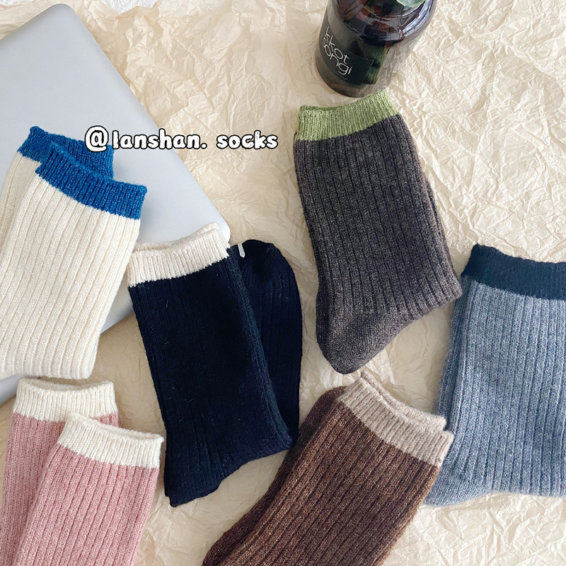 Winter Color-Blocked Double-Needle Wool Women's Socks, Ins-Style Soft Lining Without Thread Ends, Mid-Calf Socks, Ins-Style Outfit
