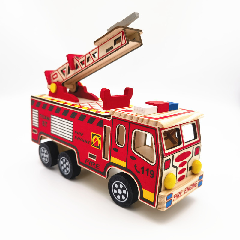 New Wooden Colorful Fire Truck Model Toys for Children Rescue Train Kids Birthday Gifts Wood Crafts