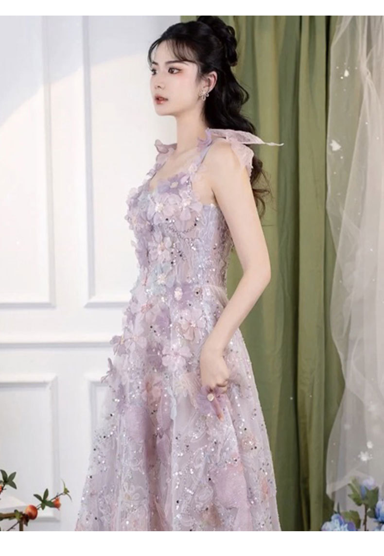 Women's Purple Lace Floral Banquet Dress High-End Slip Dress Light Luxury Niche Style New Fashion For Wedding Party Wear_ecoleips.com