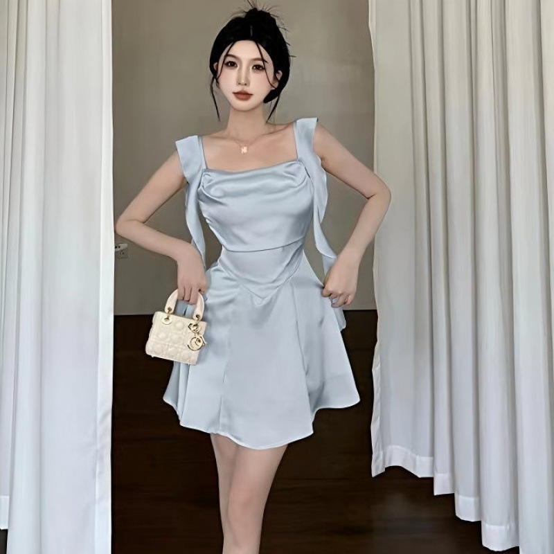 フランスの高級気質セレブサテンリボンスクエアカラーサスペンダードレスウエストAラインスカート女性の夏の新しいスタイル|undefined