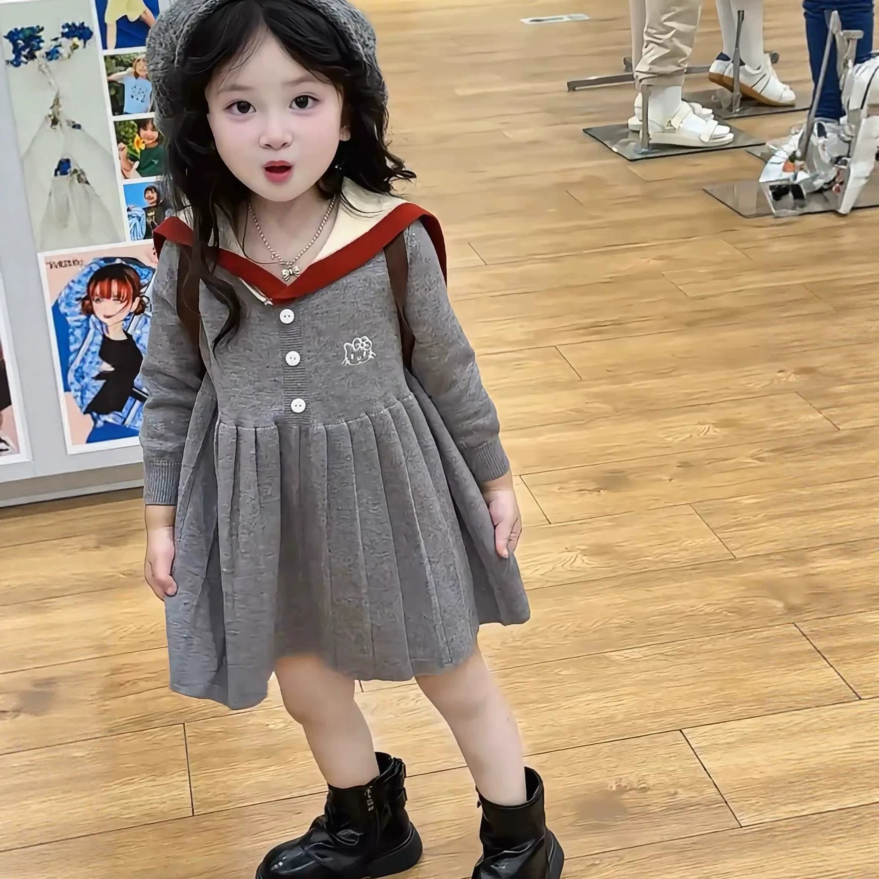 女童学院风毛衣裙2026秋季新款儿童海军领针织连衣裙宝宝百褶裙子