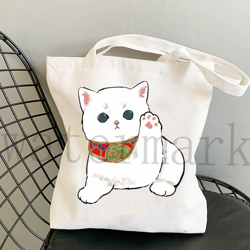 Japón lindo gato Kawaii gato impresión bolsa de lona Harajuku bolsa de hombro bolsa de moda estudiante bolsa de compras de mano